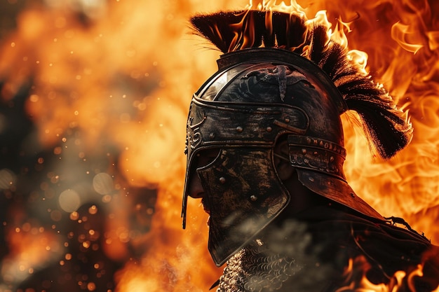 Photo a warrior with a helmet on fire and flames