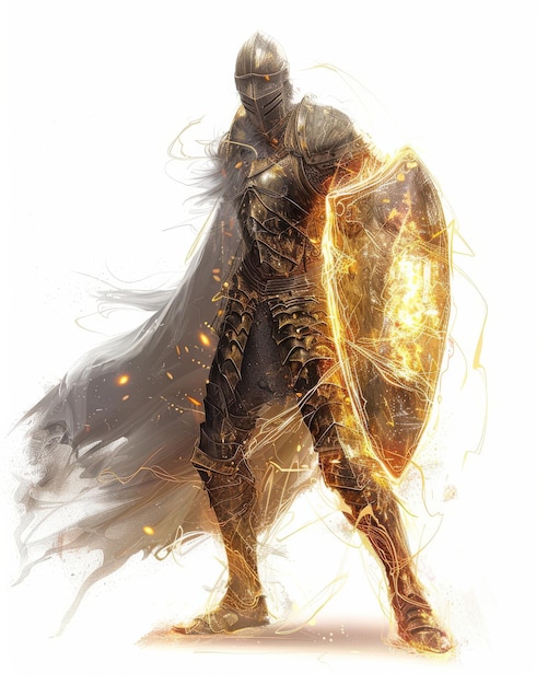 A warrior with a shield made of light the surface shifting and changing with each foe isolated on a white background ar 45 v 6 Job ID 00bfe655125743bcaec139fe16c60f0e