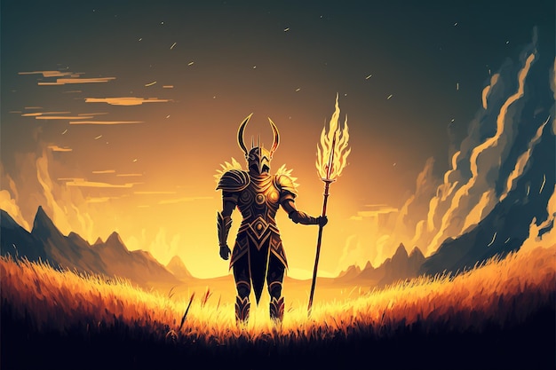 Warrior with the spear Ancient warrior with the magic spear standing in the meadow Digital art style illustration painting