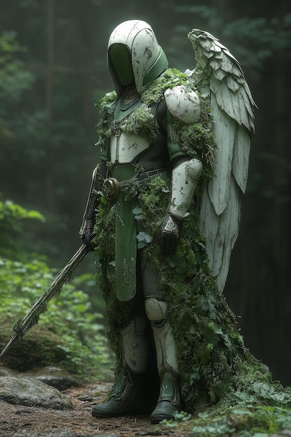 Photo a warrior with a sword and a helmet stands in front of an angel the warrior is dressed in a suit of armor and the angel is holding a sword the scene is set in a fantasy world and the mood