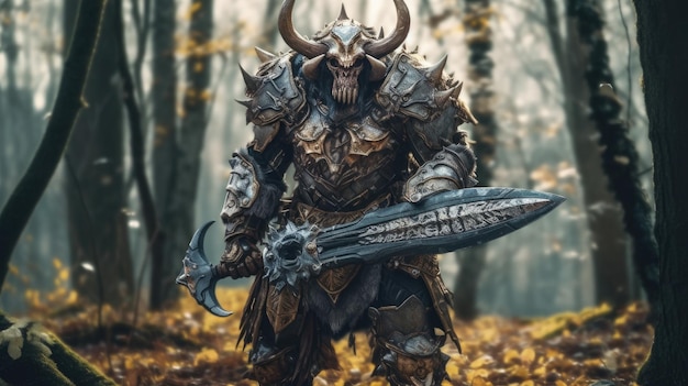 A warrior with a sword in the woods