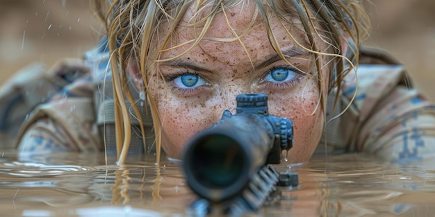 Warrior Woman Wielding Gun in Watery Domain