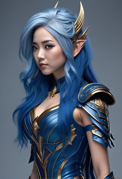 Warrior woman with blue hair and golden armor