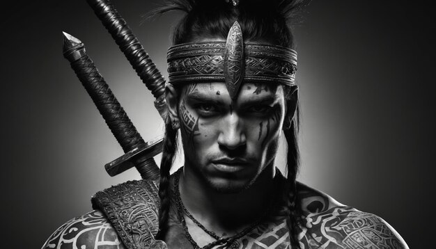 A warriors gaze an intricate portrait in black and white