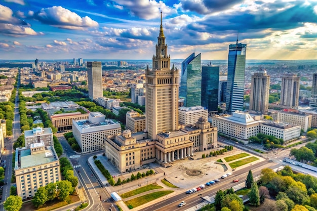 Photo warsaw poland palace of culture and science downtown warsaw poland aerial view palace of culture and science and downtown business skyscrapers city center