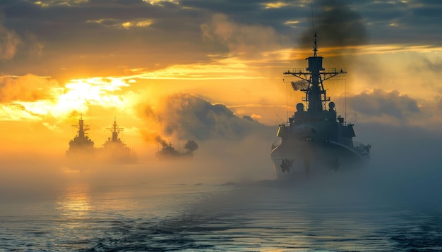 Warships in the early morning mist