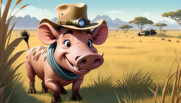 the Warthog with a safari hat and binoculars exploring and snorting with laughter