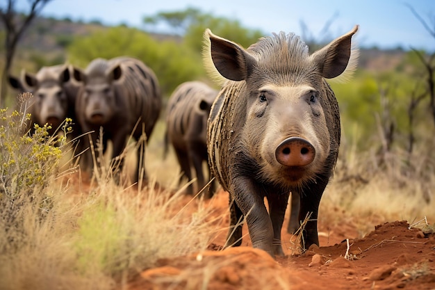 Warthogs foraging for food in the scrubland