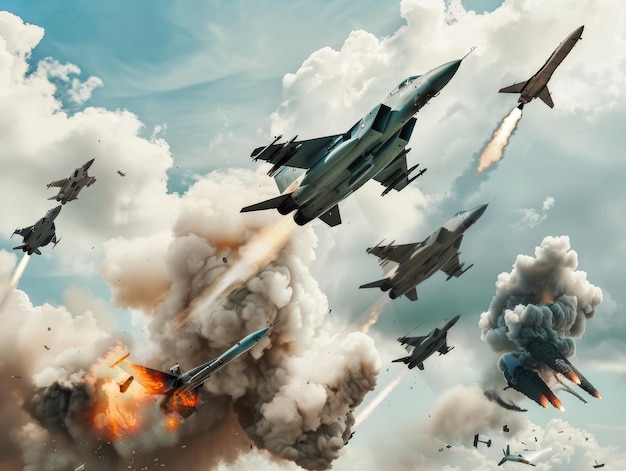 Warzone air strike devastation explosions rockets shells fire smokewide banner with copy space