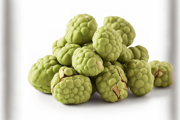 Wasabi coated peanuts piled together on a white background visible crust and peanut