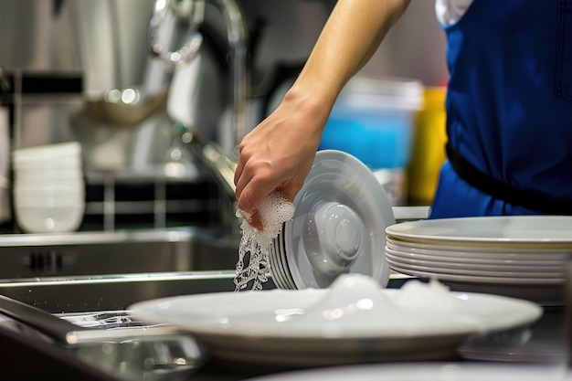 Photo washing dishes in a busy kitchen during dinner service