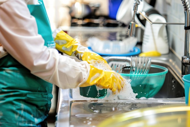 Washing dishes with gloves in a bright kitchen setting