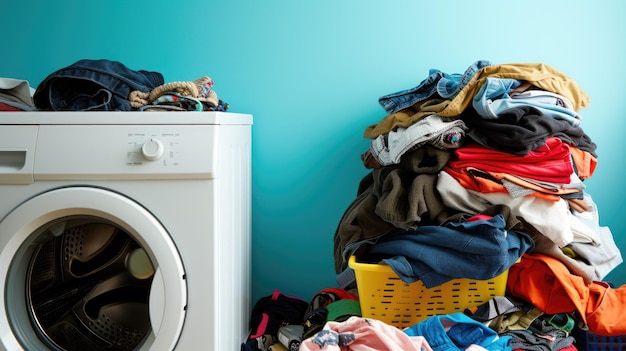 Washing Machine Beside Pile of Clothes