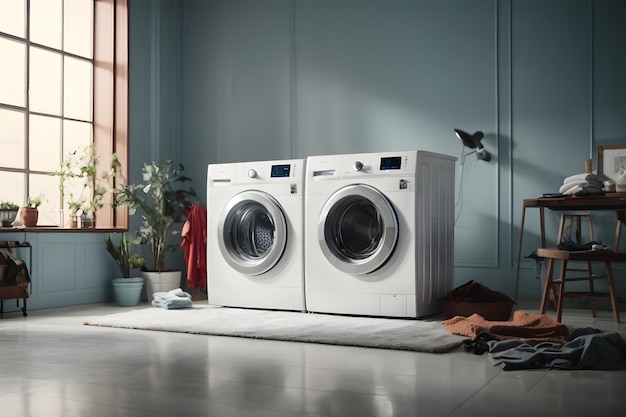 washing machine in a clean room with hud and flying clothes design as wide banner with copy space