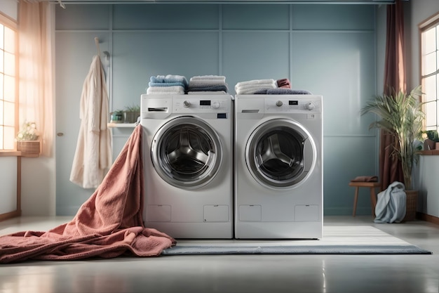 washing machine in a clean room with hud and flying clothes design as wide banner with copy space