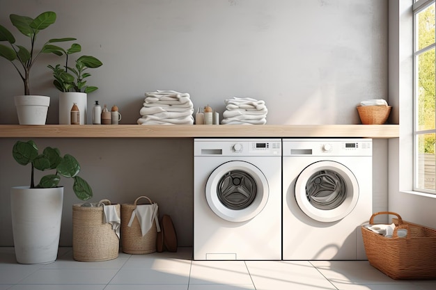 Washing machine and dryer in the laundry room in a natural ecostyle with potted plants wicker baskets AI generated