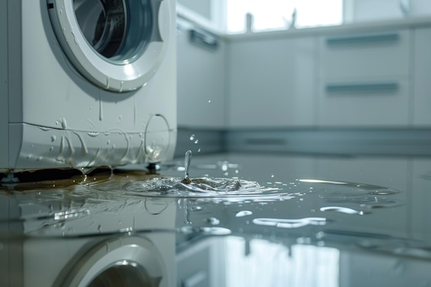 The washing machine is broken and leaking a puddle under the washing machine on a white background