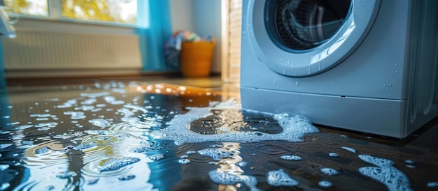 Photo washing machine leak water damage in the laundry room