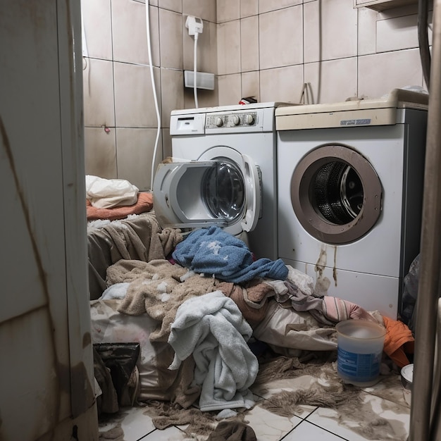 Washing machine and a lot of dirty laundry nearby closeup