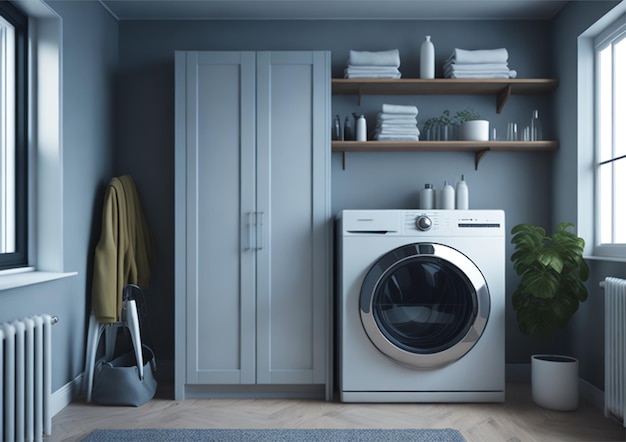 A washing machine in a room with a shelf full of towels and a plant.