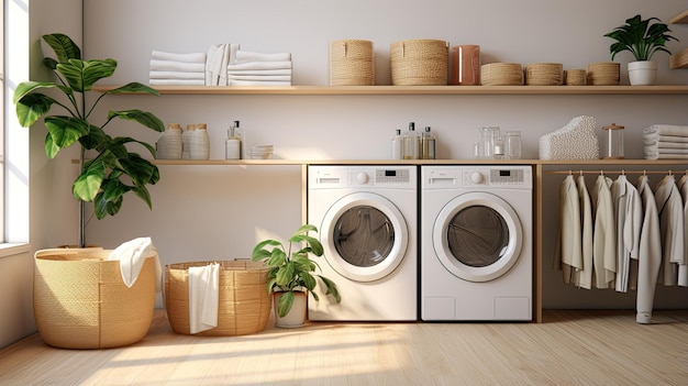 A washing machine stands against a pristine white wall Beside it there's a basket filled