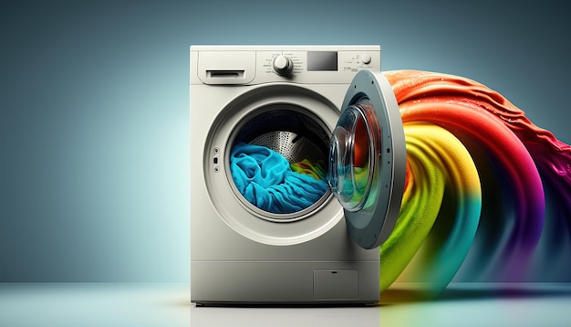 A washing machine with a rainbow colored handle next to it