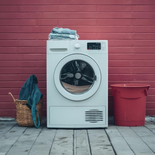 A washing machine with a red bucket next to it