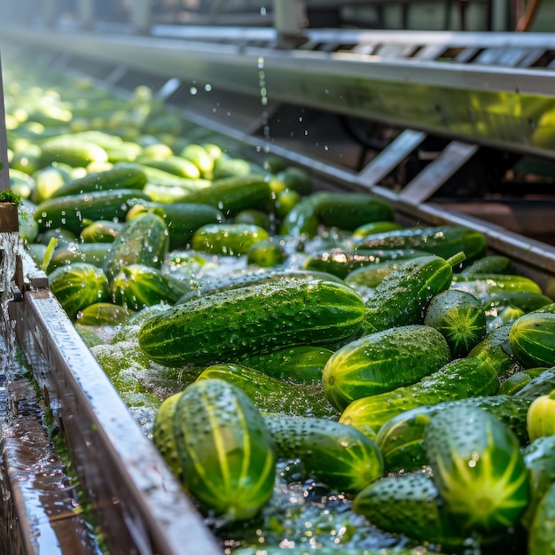 Photo washing many cucumbers cucumbers automated washing line vegetable sorting on conveyor