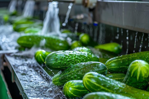 Photo washing many cucumbers cucumbers automated washing line vegetable sorting on conveyor