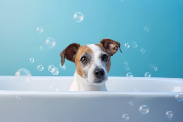 Washing pet Cute dog in bath on blue background Generative AI