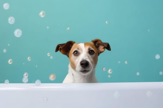 Washing pet Cute dog in bath on blue background Generative AI