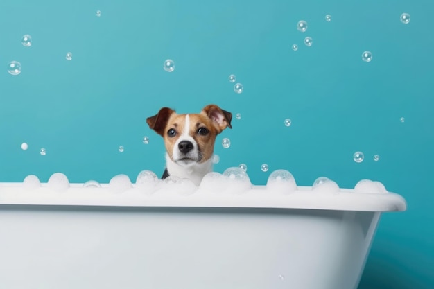 Washing pet Cute dog in bath on blue background Generative AI