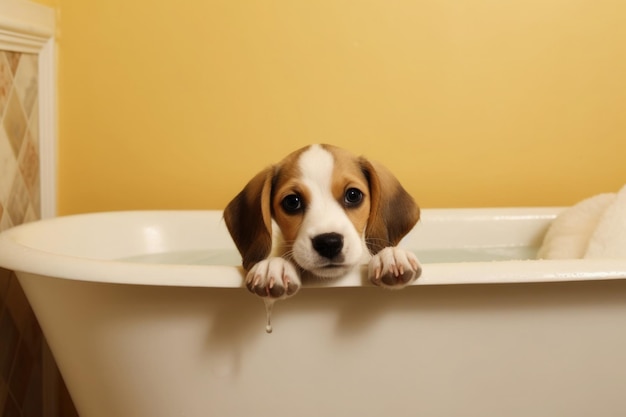 Washing pet Cute dog in bath with shampoo foam Generative AI