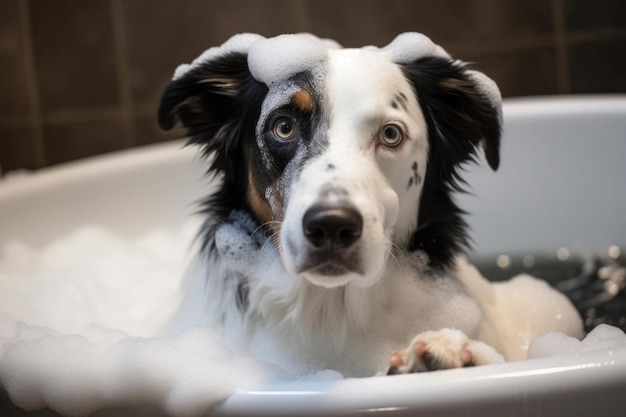 Washing pet Cute dog in bath with shampoo foam Generative AI