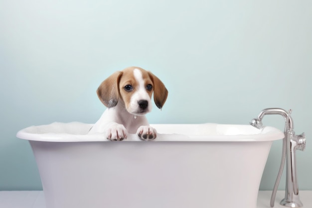 Washing pet Cute dog in bath with shampoo foam Generative AI