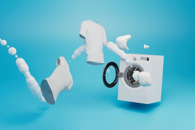 Washing white clothes a washing machine from which foam flies out and white Tshirts 3D render