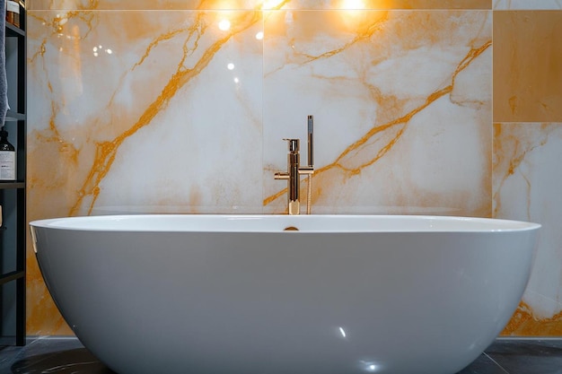 Washroom with a luxurious marble bathtub