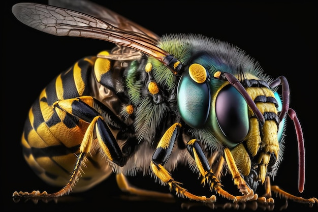 Wasp closeup with great depth of field and many details of insects on an isolated background