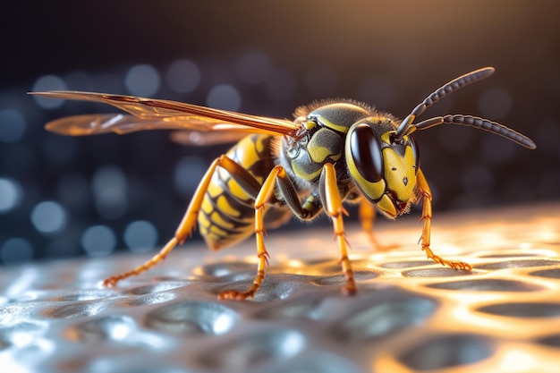 A wasp on a surface with the word bee on it