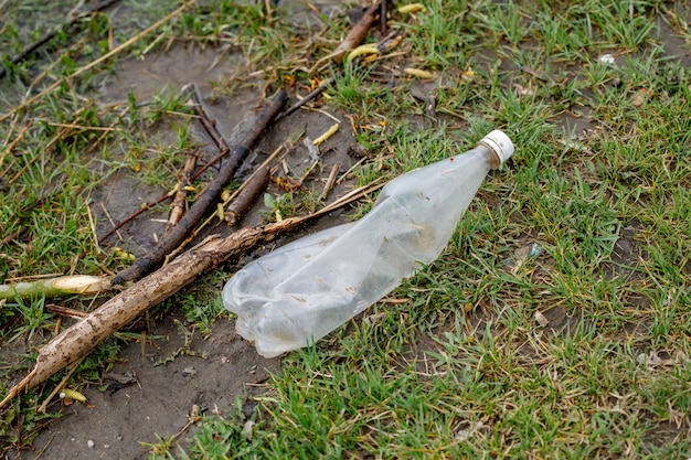 Waste bottle in grass, plastic garbage pollution