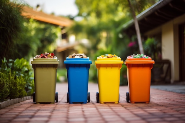 Waste Management Concept With Colorful Recycle Bins In The Garden aesthetic look