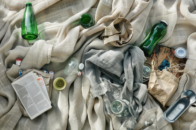 Photo waste sorting concept recyclable items on natural linen textile background