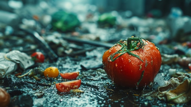 Wasted Tomato on Polluted Ground A solitary ripe tomato lies abandoned amidst litter highlighting the issue of food waste and pollution