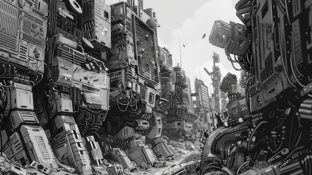 Photo wasteland of electronic parts dystopian future stark contrasts black and white sketch style