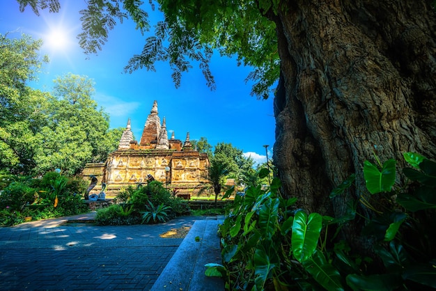 Wat Chet Yot or Wat Photharam Maha Wihan seven pagoda temple It is a major tourist attraction in Chiang Mai Thailandwith eveningTemple in Chiang Mai