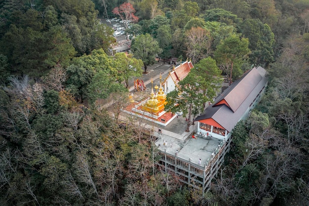 Wat Phra That Doi Tung from above birdeyes view a famous Temple and Buddhism place It's settled on the mountain in Chiang Rai province north of Thailand