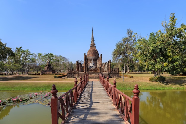 Wat Sa Si and wooden bridge Shukhothai Historical Park Thailand