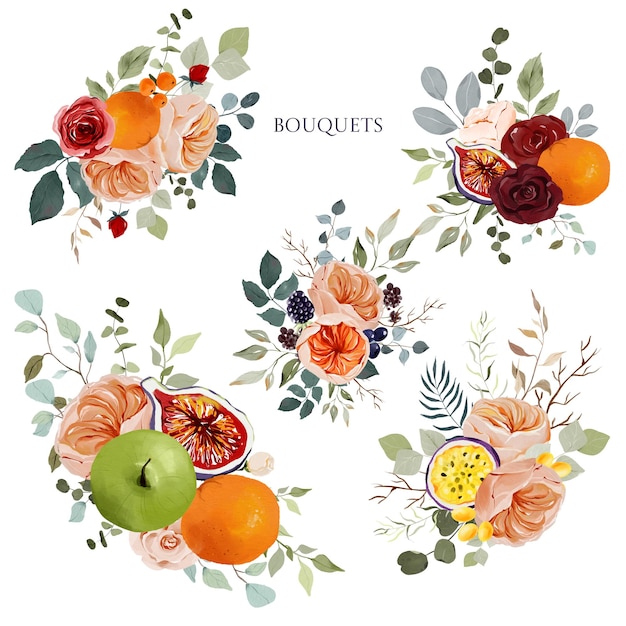 Watarecolor autumn floral bouquets and arrangements with apple, citrus and flowers