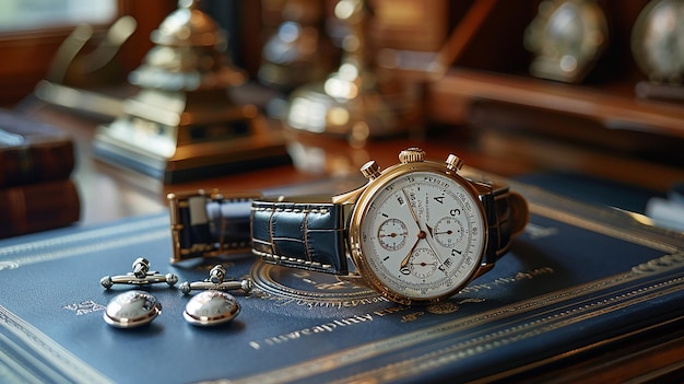 Photo watch and cufflinks on dresser