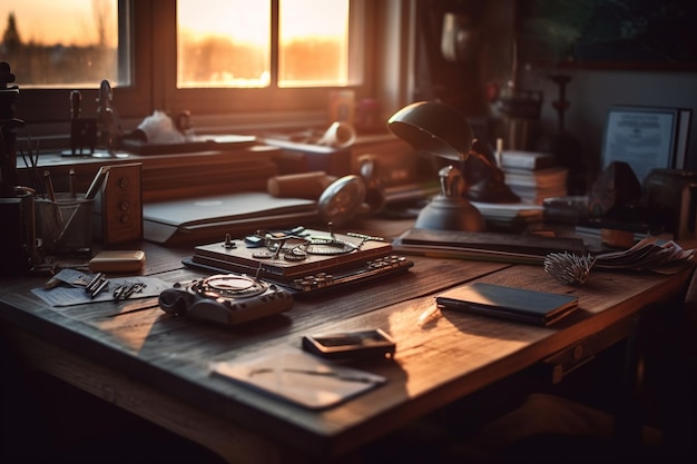 A watch on a desk with a clock on it